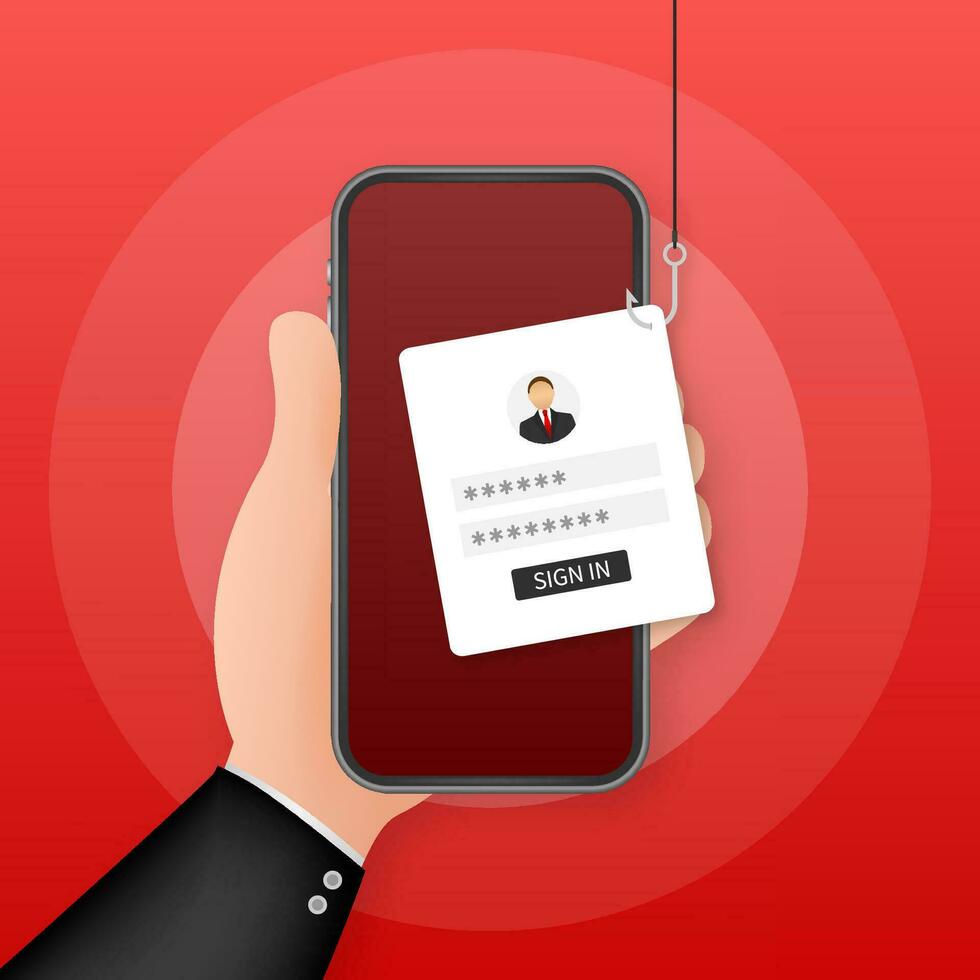 Data Phishing with fishing hook, mobile phone, internet security. Vector stock illustration