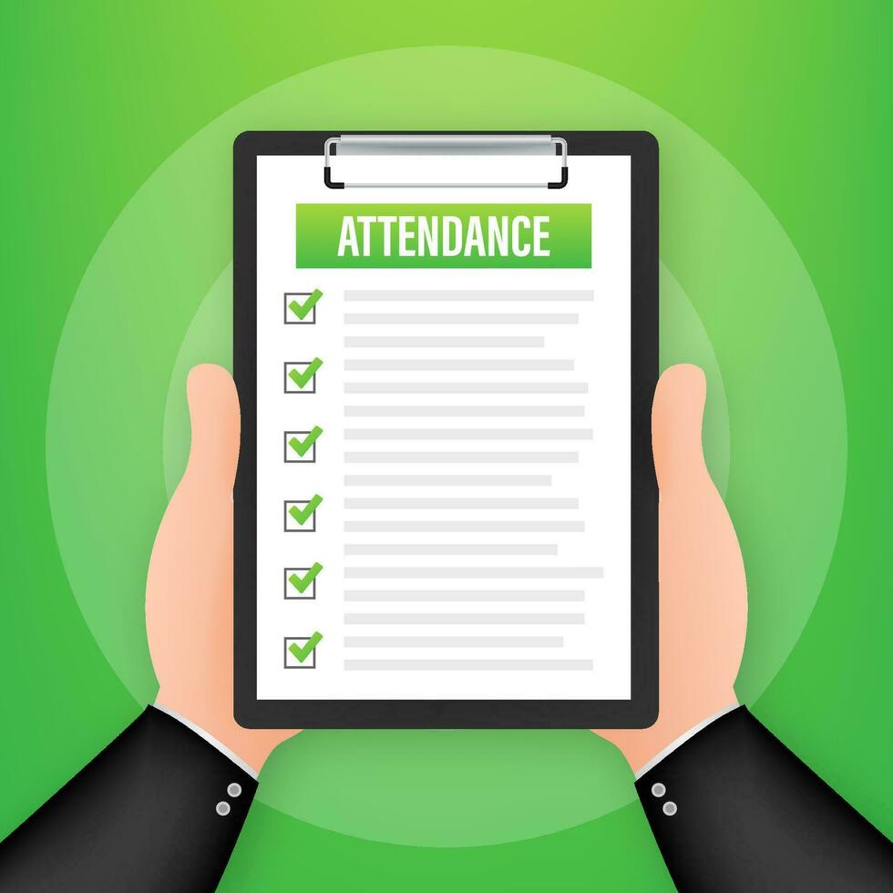 Attendance clipboard with checklist. Businessman holding document. Questionnaire, survey. Vector stock illustration