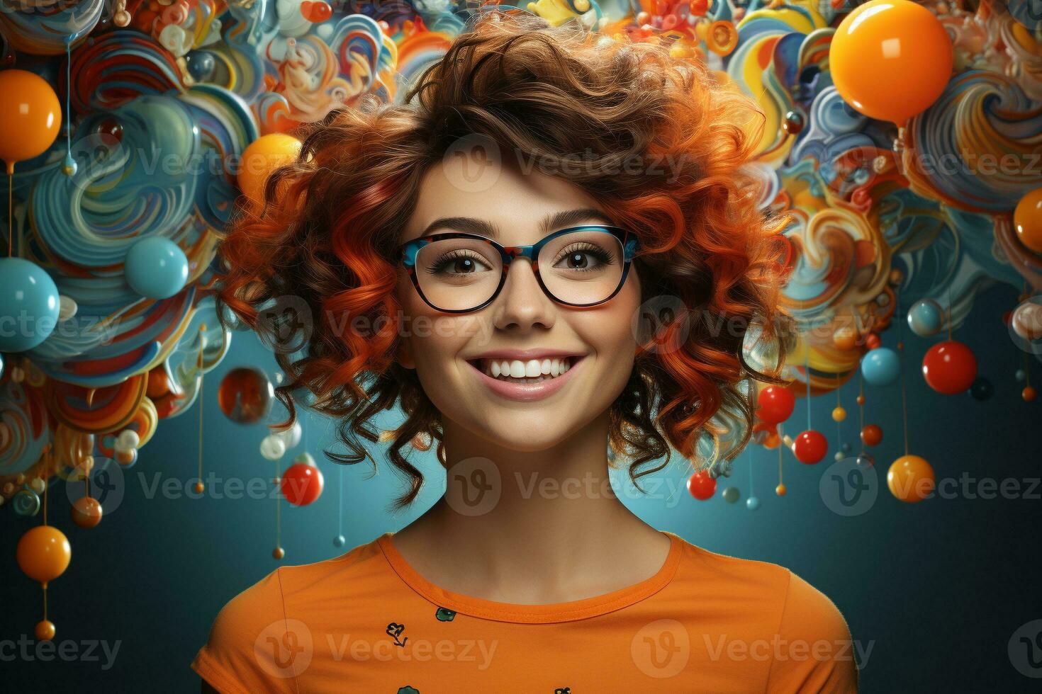 Excited happy young adult girl wearing glasses in front of an abstract colorful background - generative AI. photo