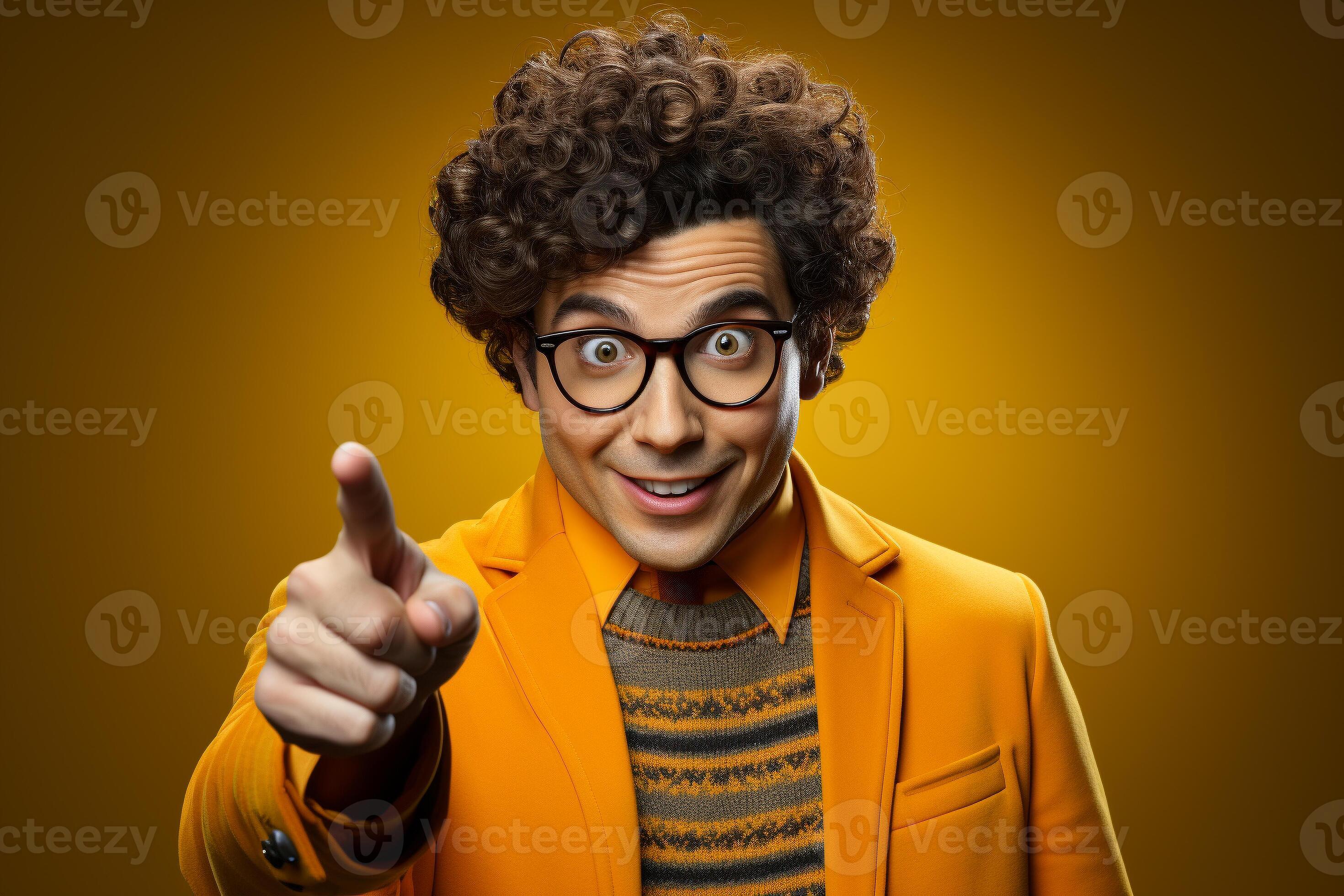 Fun goofy guy deliriously smiling and pointing on a gradated background