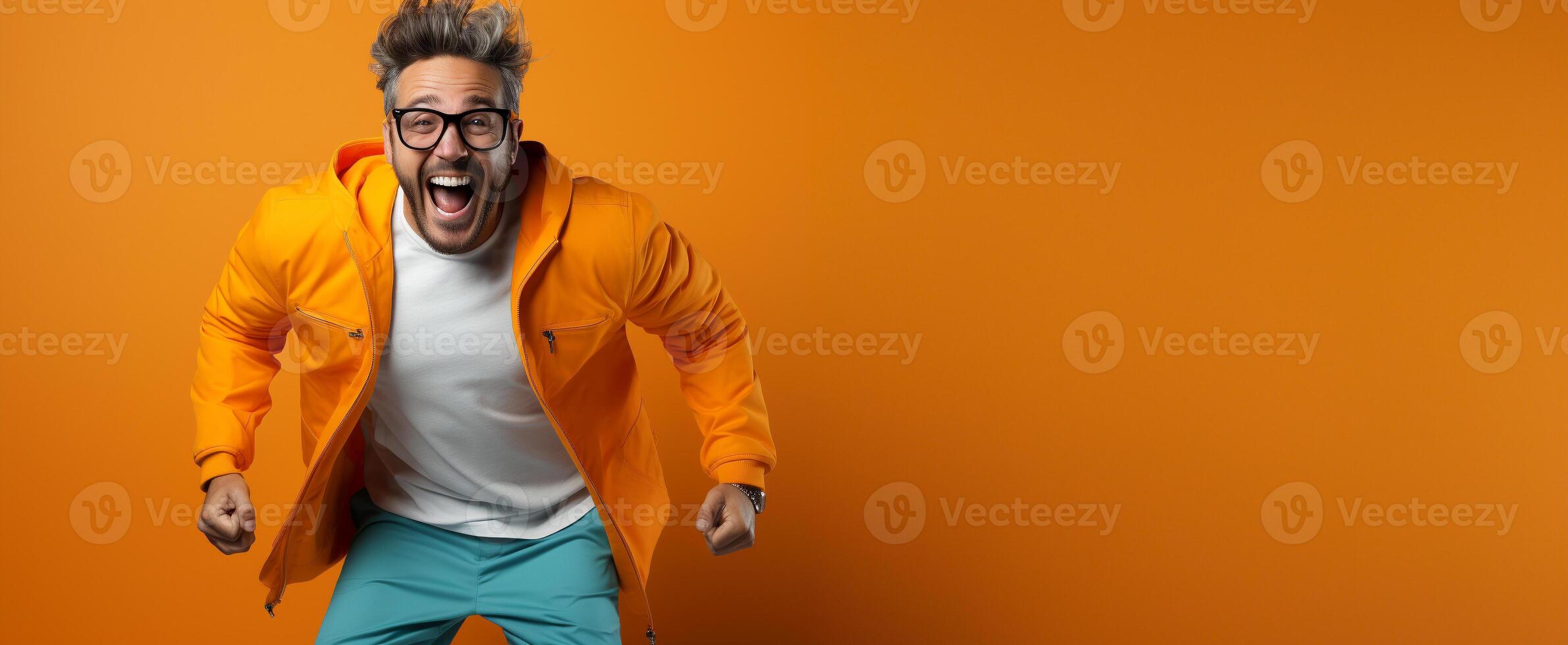 Fun goofy guy deliriously happy and jumping in front of a gradated