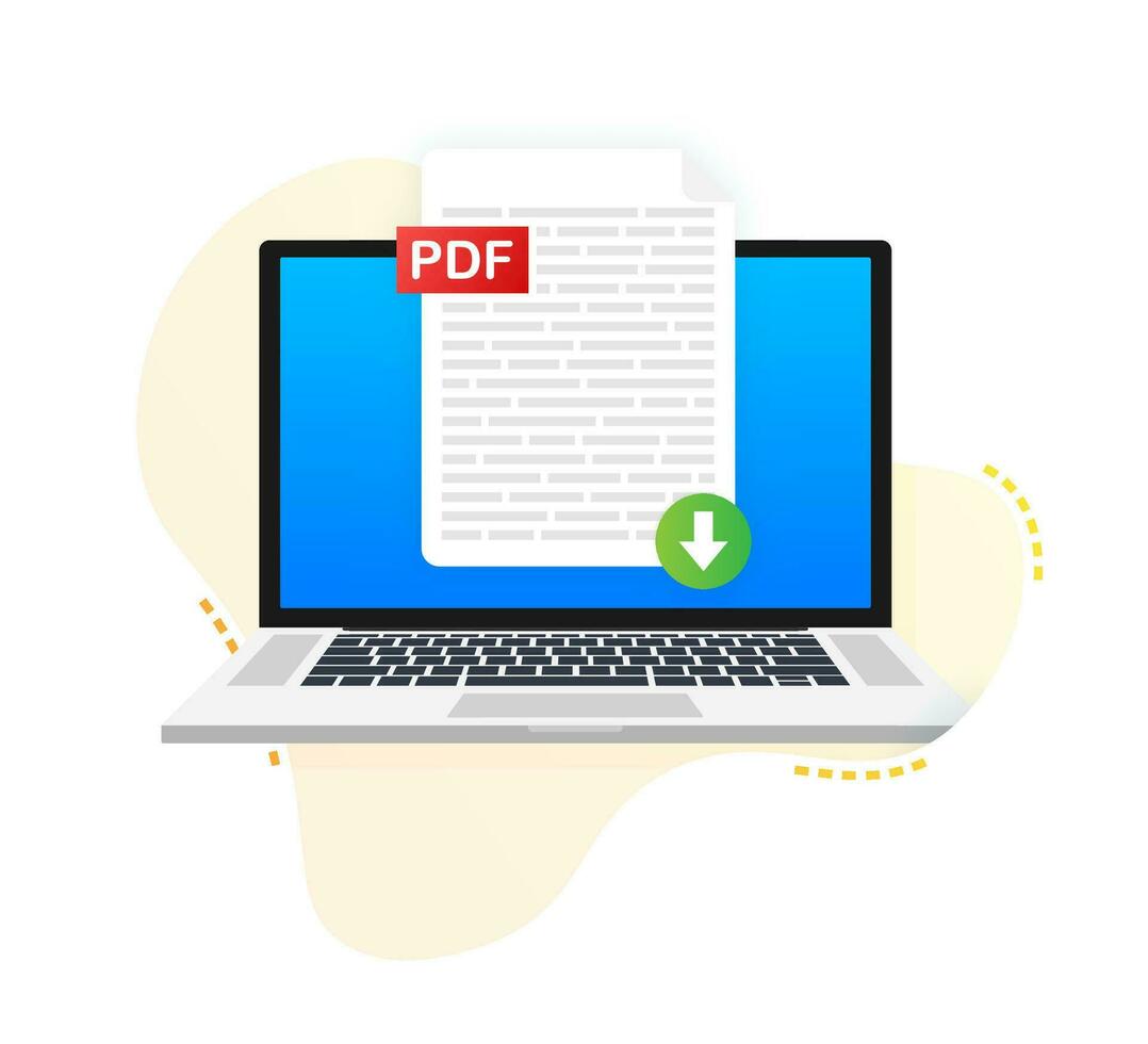 Download PDF button on laptop screen. Downloading document concept. File with PDF label and down arrow sign. Vector illustration.