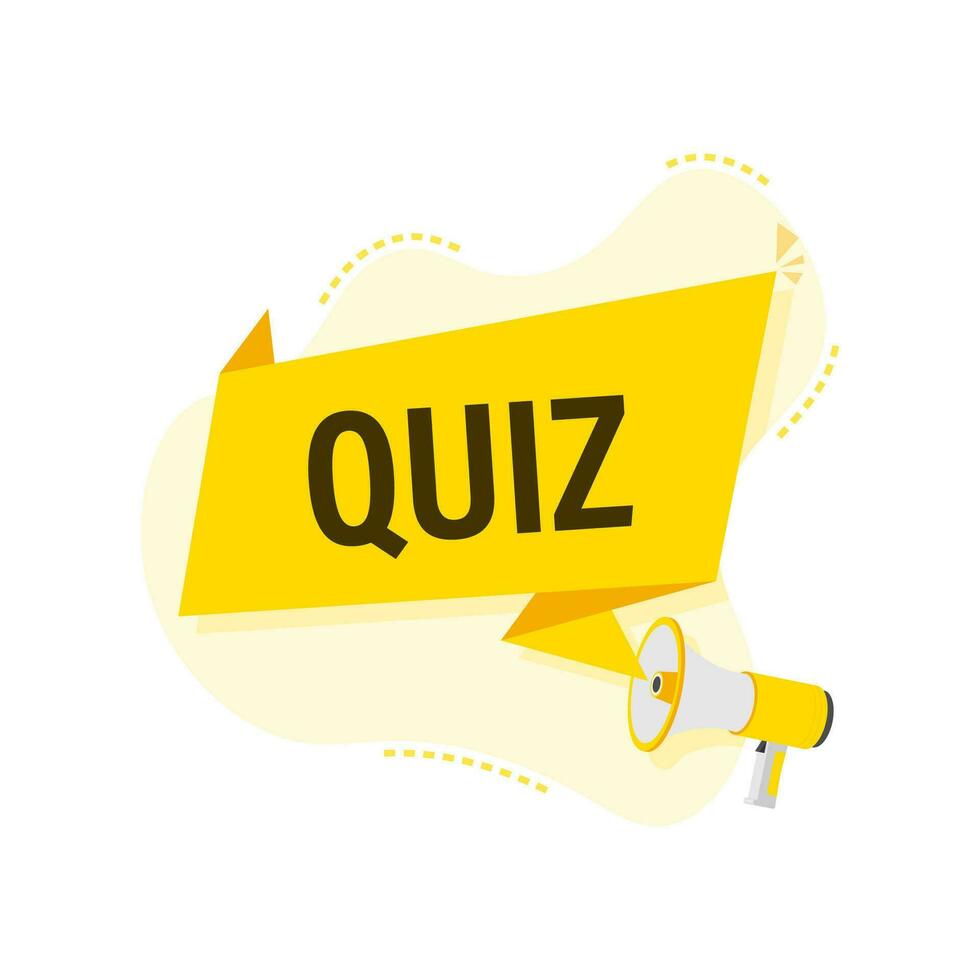 Megaphone label with quiz. Megaphone banner vector