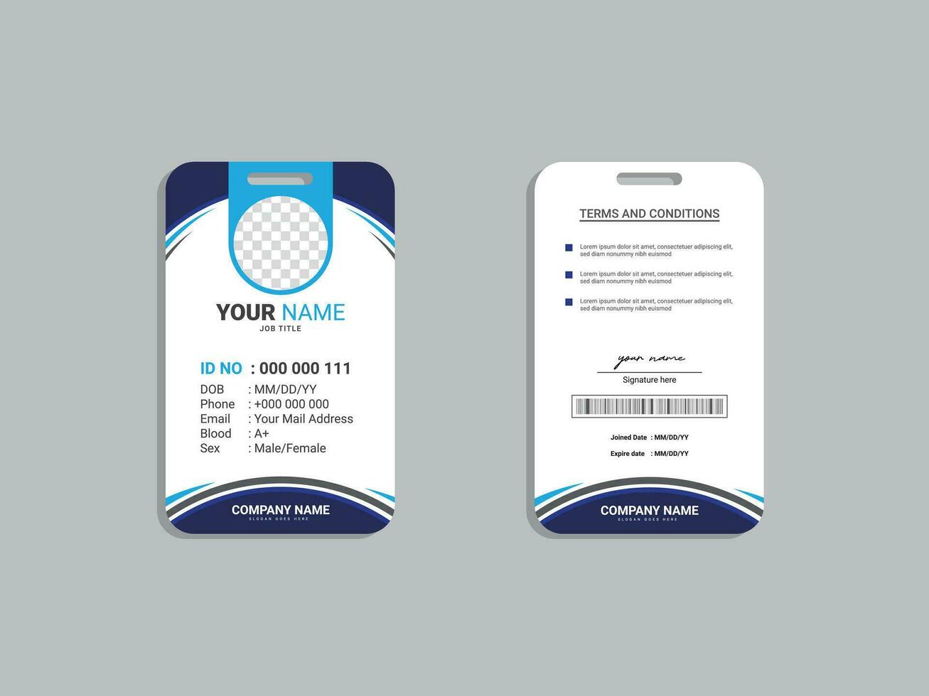 Employee ID card template font and back vector