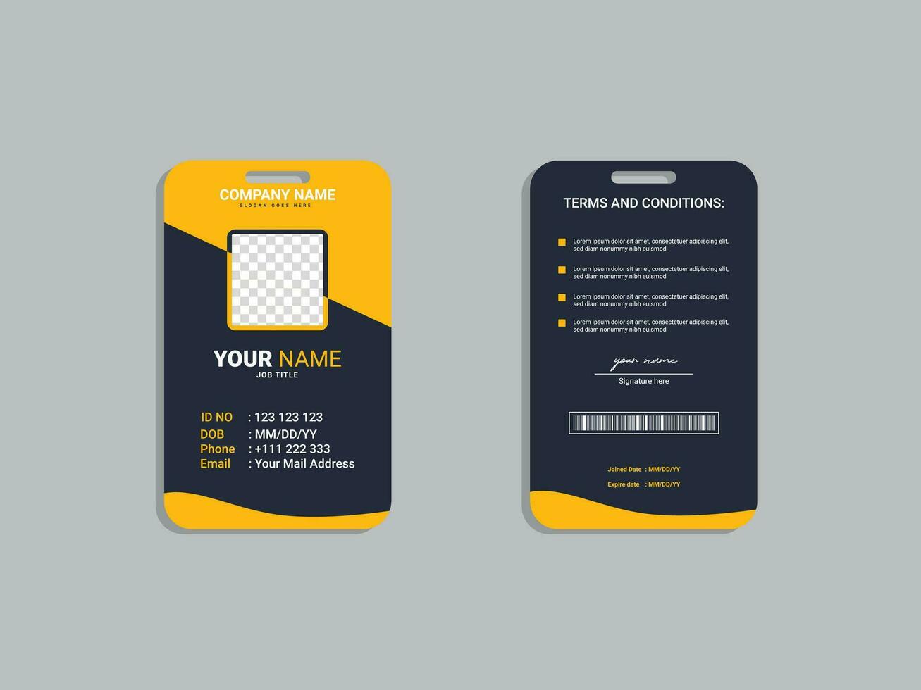 Employee ID card template font and back vector