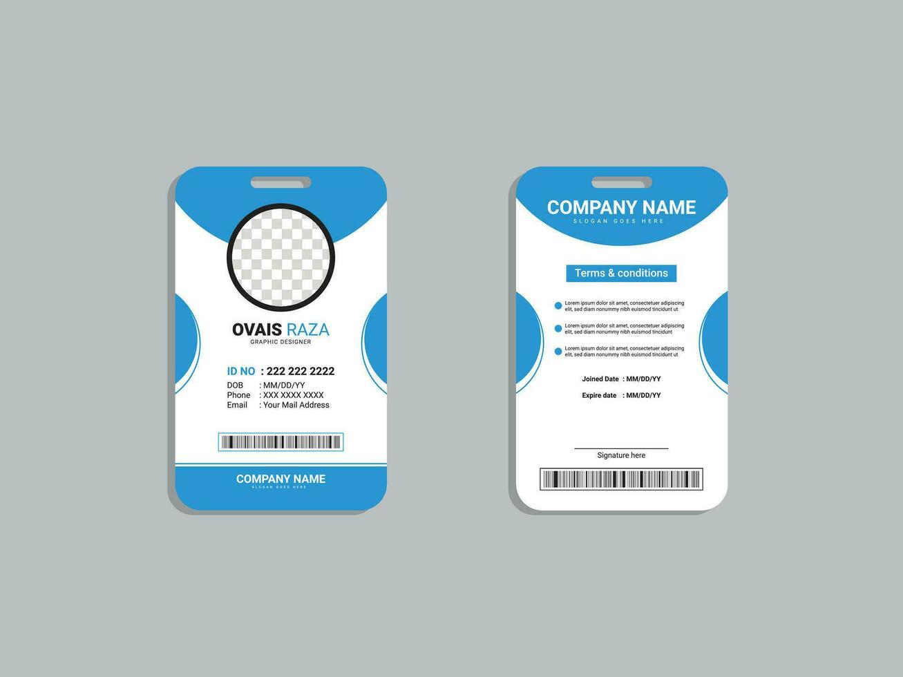 Employee ID card template font and back vector
