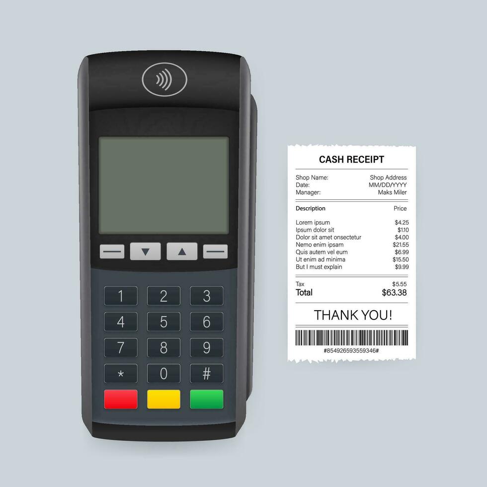 Payment terminal mockup. Pos terminal with blank screen. Cash register. Vector stock illustration.