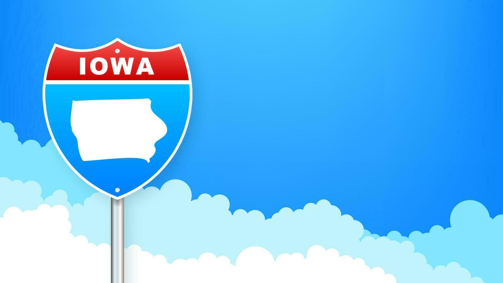 Iowa mapa en la carretera signo. Bienvenido a estado de Iowa. vector ilustración
