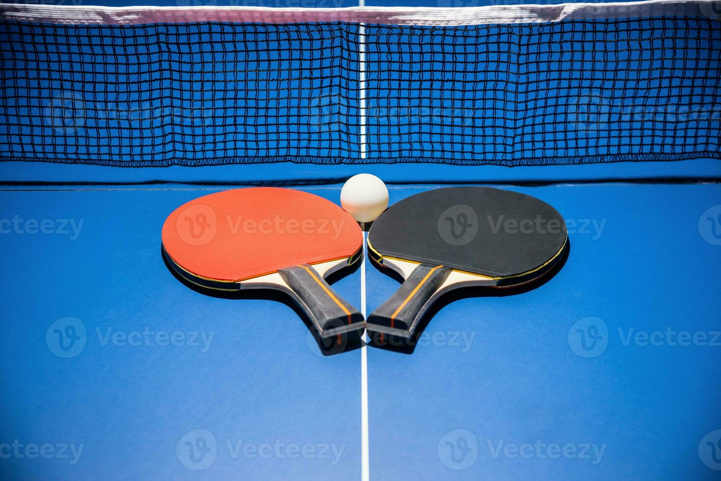 Black and red table tennis paddle with a net photo