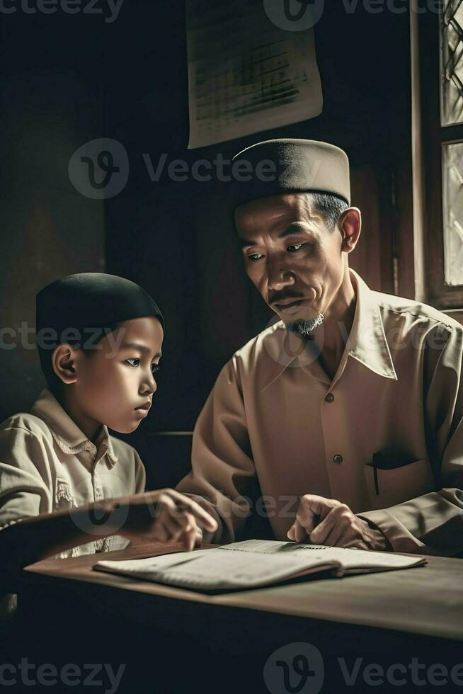 indonesio masculino profesor con su estudiante foto