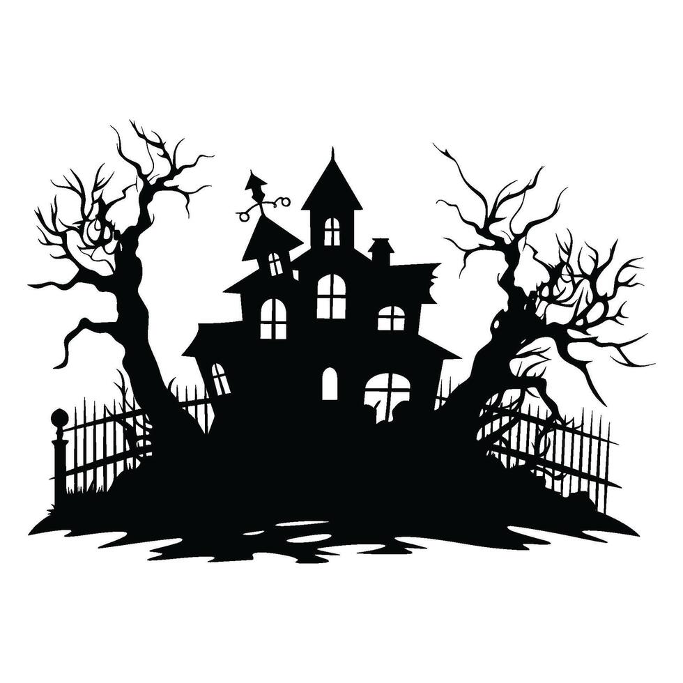 Halloween Haunted house Vector silhouette, Scary house clipart silhouette Halloween house Black Silhouette