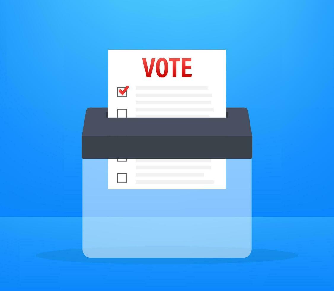 Hand puts vote bulletin into vote box. Voting concept. Ballot box. Vector stock illustration