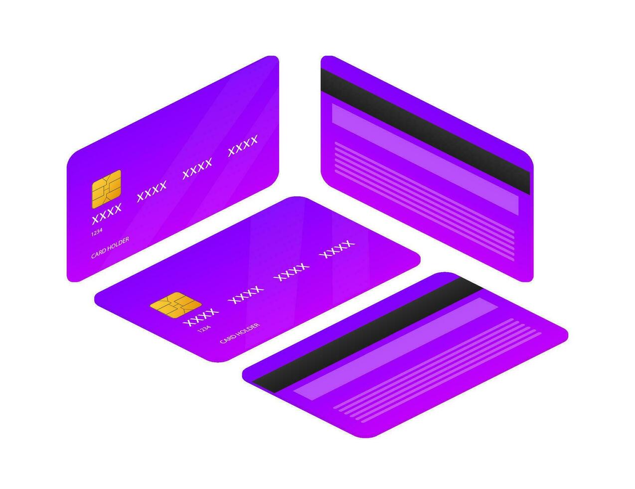 Purple flat credit card template on white background. Isometric view. Vector Illustration