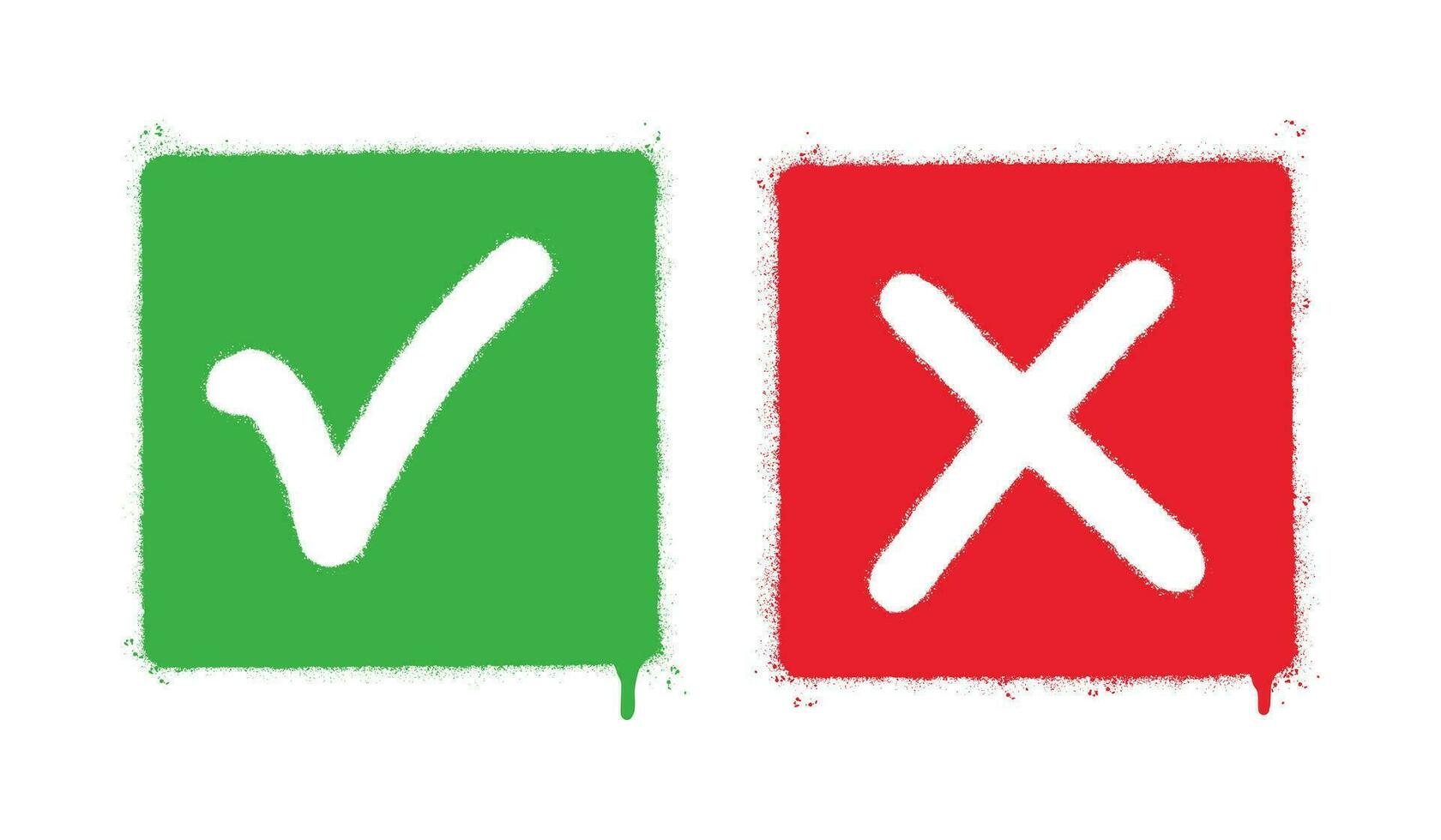 Spray Painted Graffiti Green tick check mark and cross mark icon Sprayed isolated with a white background. graffiti symbols YES and NO with over spray in black over white. vector