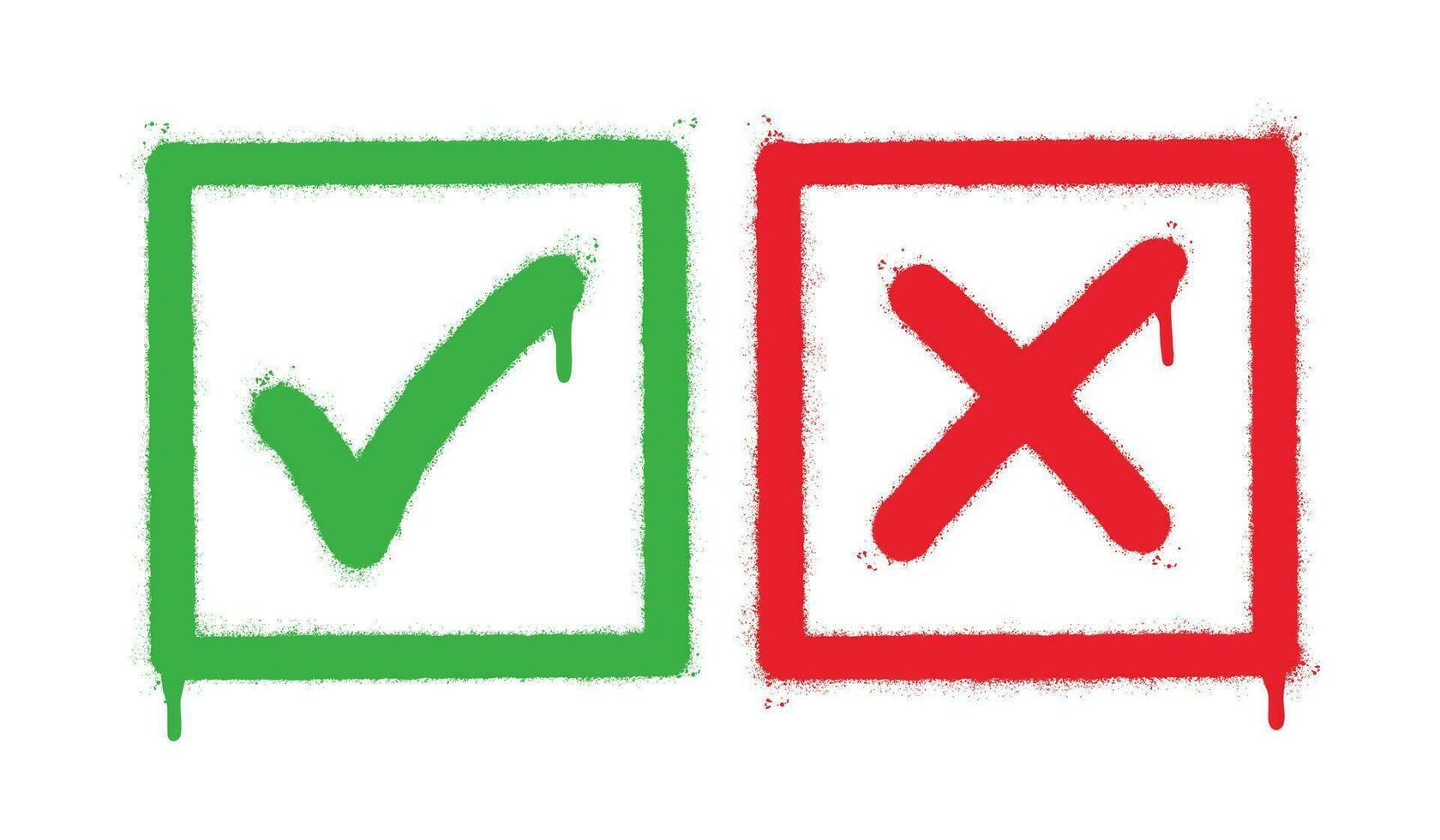 Spray Painted Graffiti Green tick check mark and cross mark icon Sprayed isolated with a white background. graffiti symbols YES and NO with over spray in black over white. vector