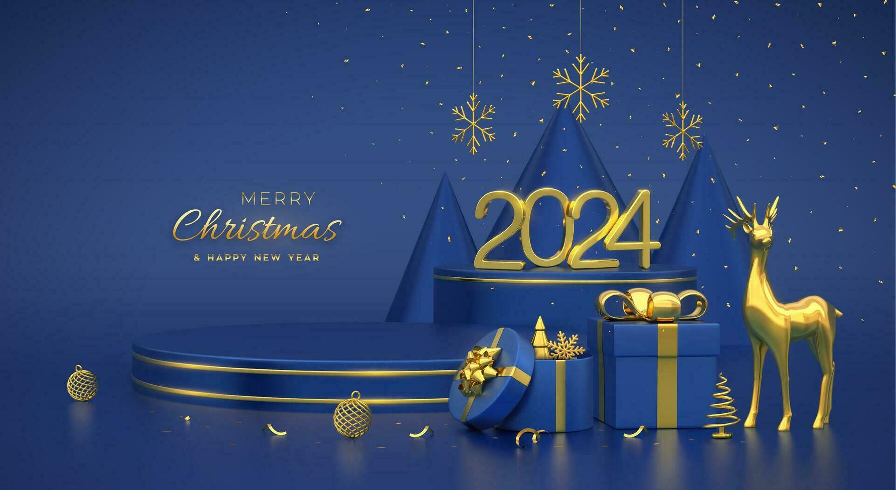 Christmas Scene and 3D round platforms on blue background. 3D Golden numbers 2024. Blank Pedestal with deer, shining snowflakes, balls, gift boxes, gold metallic cone shape pine, spruce trees. Vector. vector
