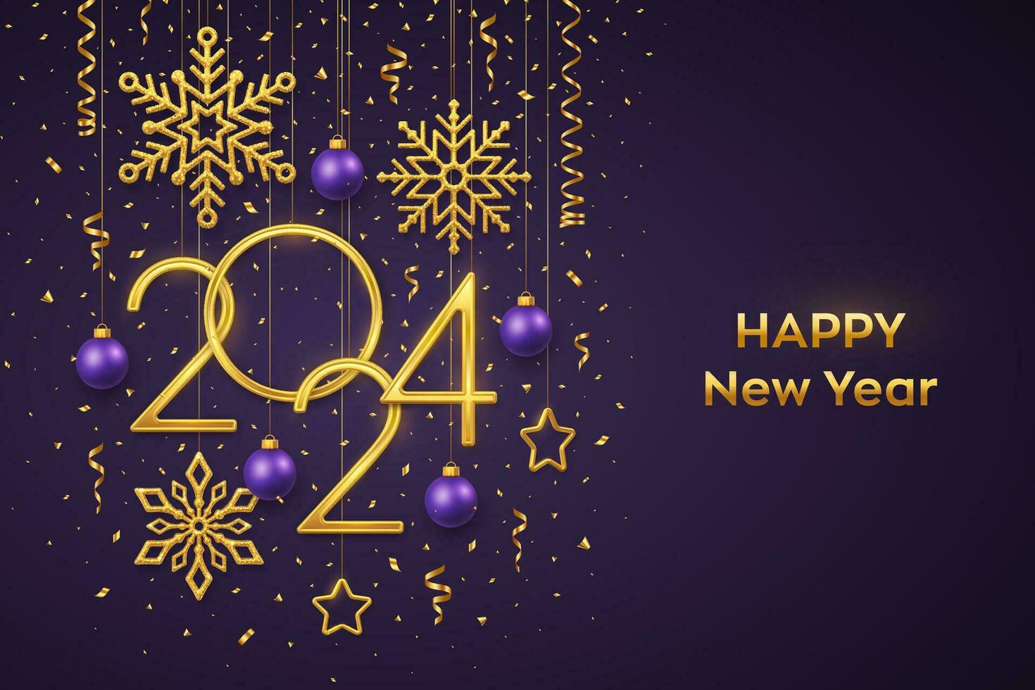 Happy New 2024 Year. Hanging Golden metallic numbers 2024 with shining snowflakes, 3D metallic stars, balls and confetti on purple background. New Year greeting card or banner template. Vector. vector