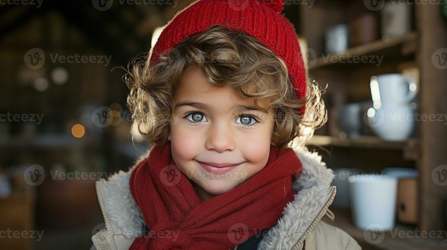 Portrait of a Cute Young Boy Dressed Warm for the Christmas Holiday. Generative AI. photo