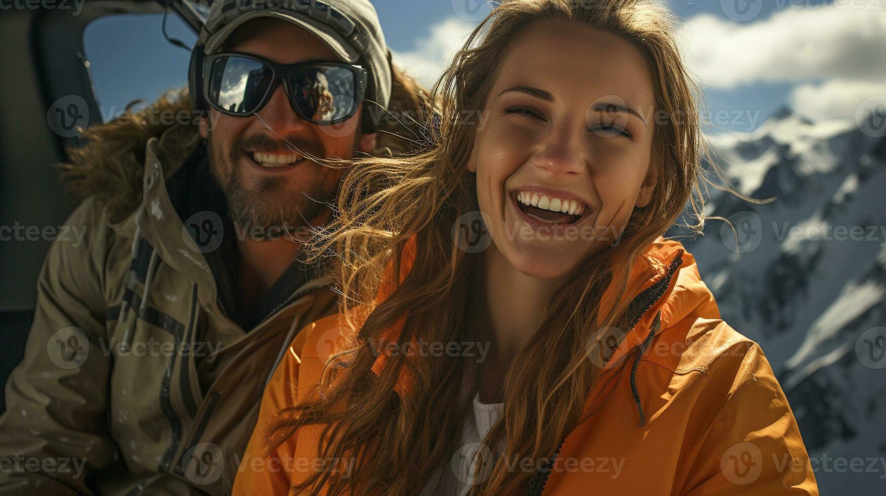 Young Adult Couple Enjoying Their Ski Lift or Tram Ride on a Beautiful Winter Day. Generative AI. photo