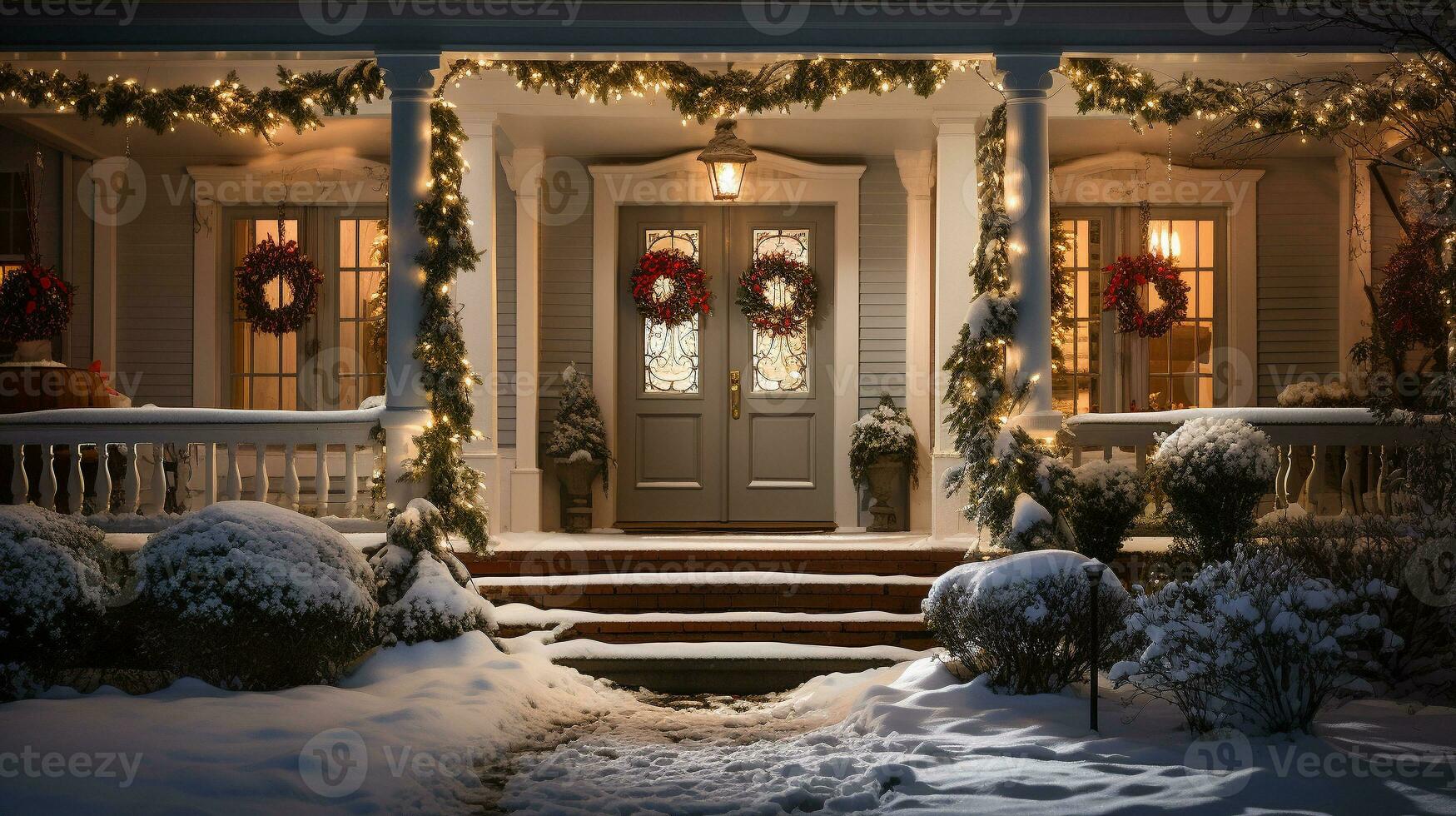 Beautiful Christmas decorated front door and porch of a house on a winter evening. Generative AI. photo