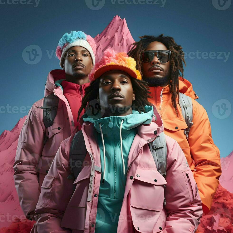 group of men wear colorful jacket and bag at mountain photo