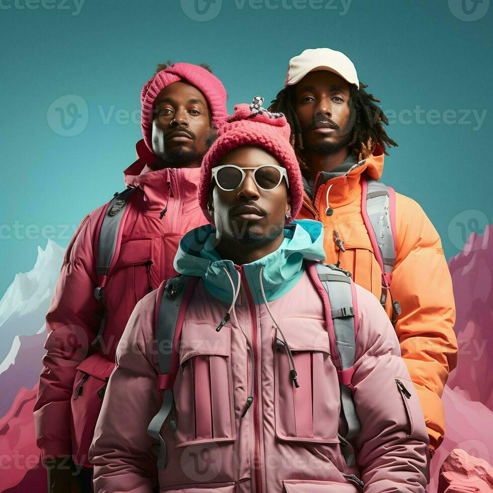 group of men wear colorful jacket and bag at mountain photo