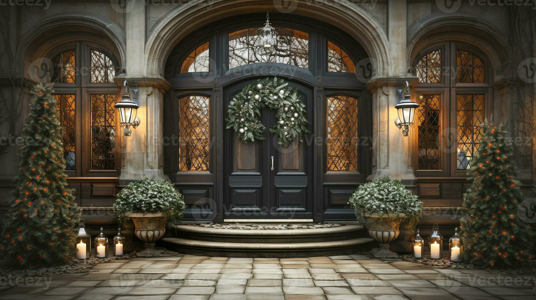 Beautiful Christmas decorated front door and porch of a house on a winter evening. Generative AI. photo