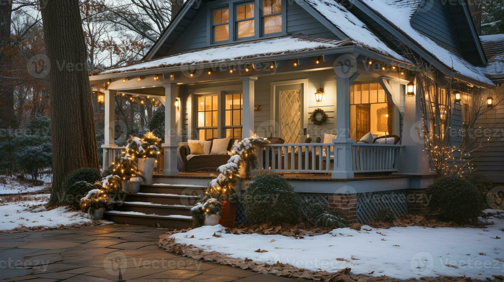 Beautiful Christmas decorated front door and porch of a house on a winter evening. Generative AI. photo