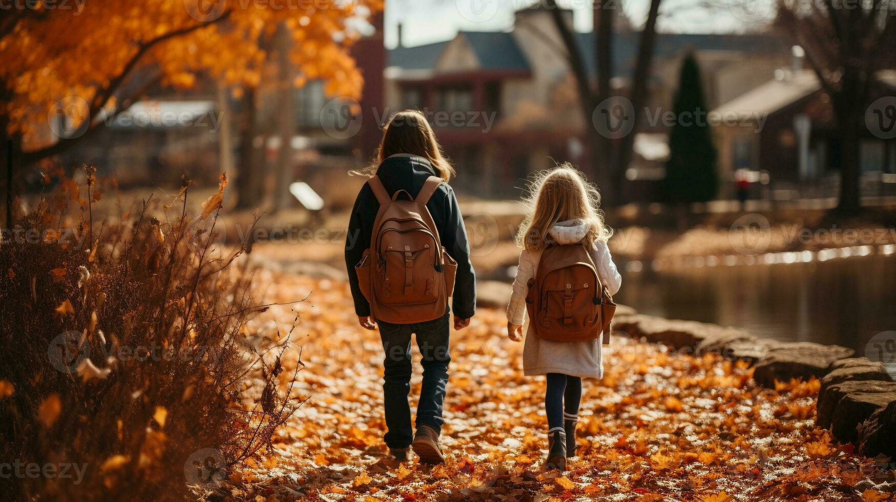 Two young children wearing backpacks walking to school on a beautiful fall morning - Generative AI. photo