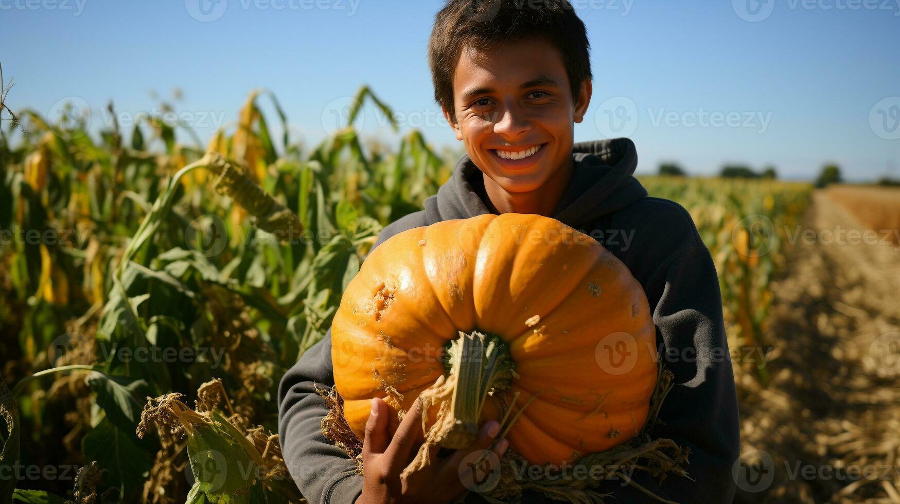 Smiling young man on the farm holding a large ripe pumpkin - Generative AI. photo