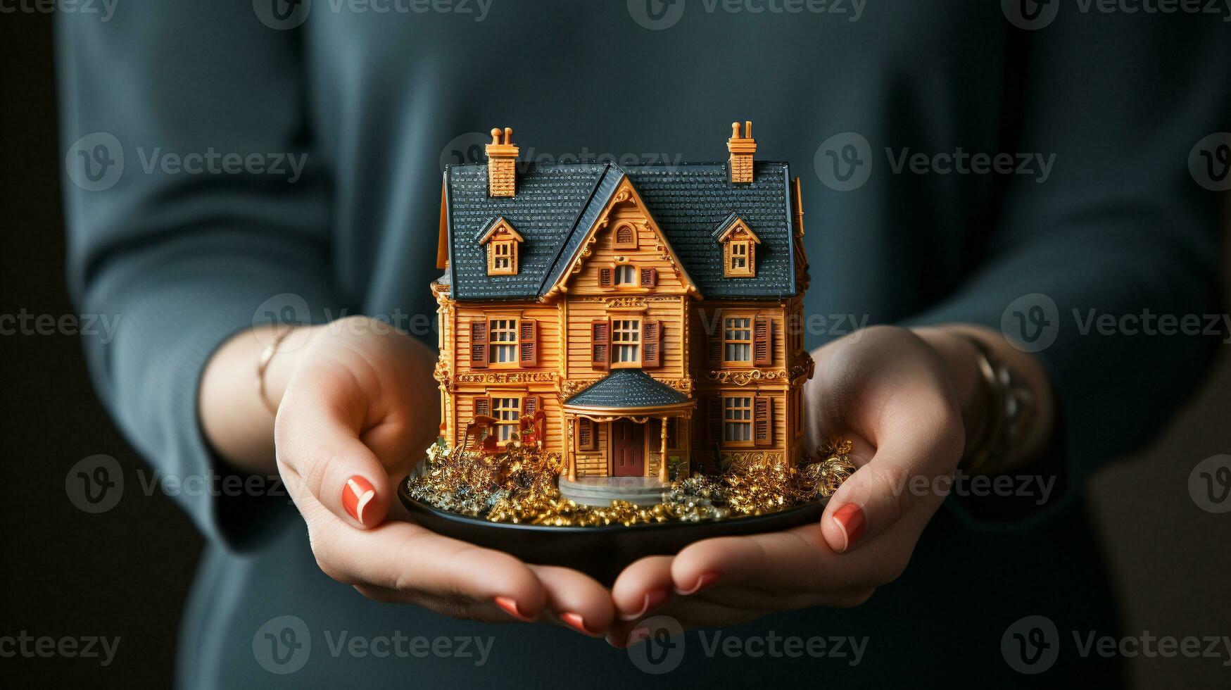 un hembra real inmuebles agente participación un miniatura casa en frente de su - generativo ai. foto
