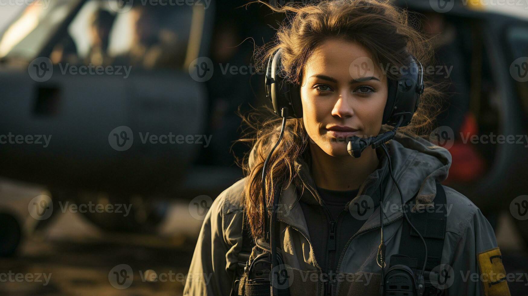 Female military helicopter pilot standing near her aircraft - generative AI. photo