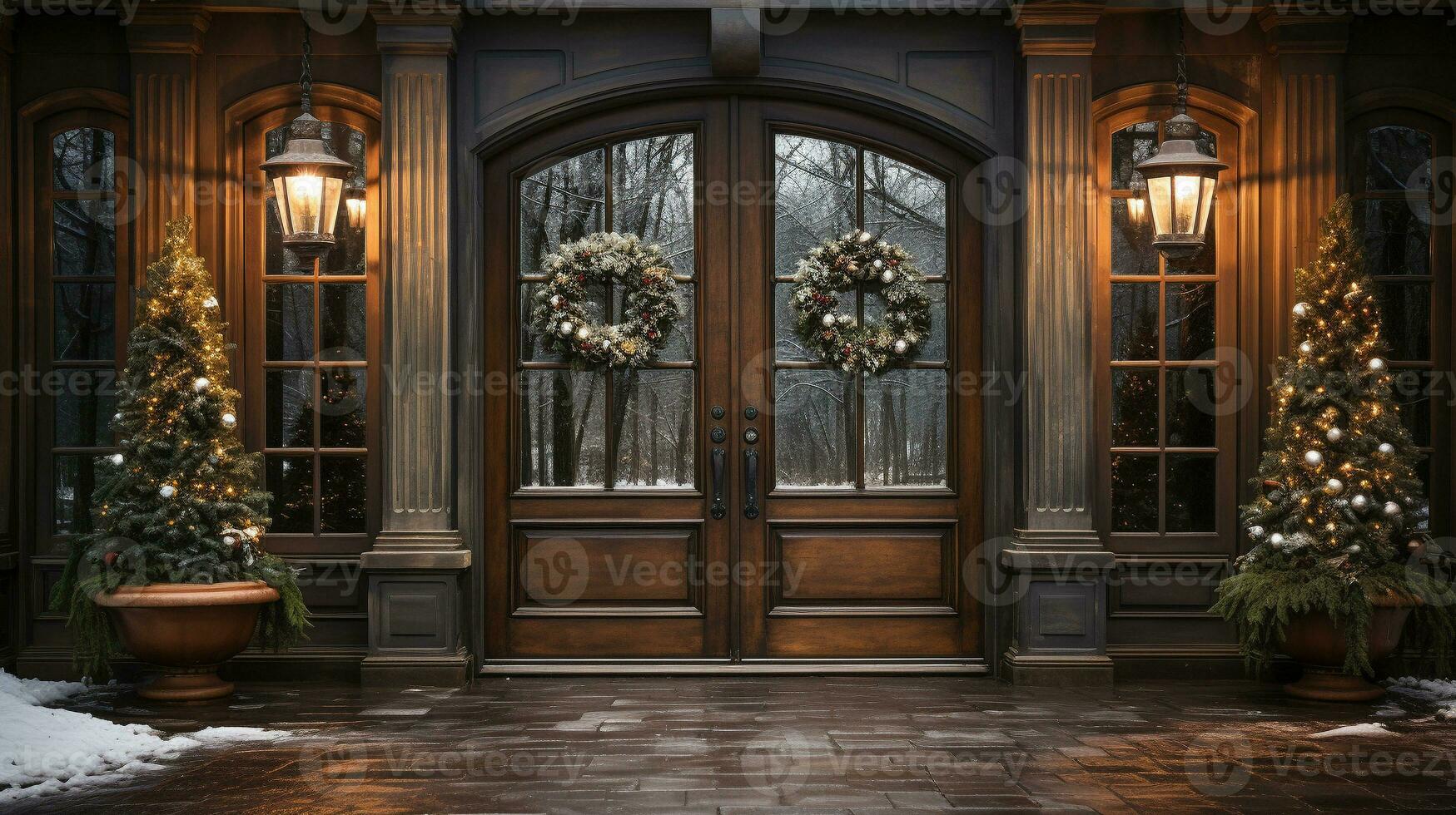 Beautiful Christmas decorated front door and porch of a house on a winter evening. Generative AI. photo