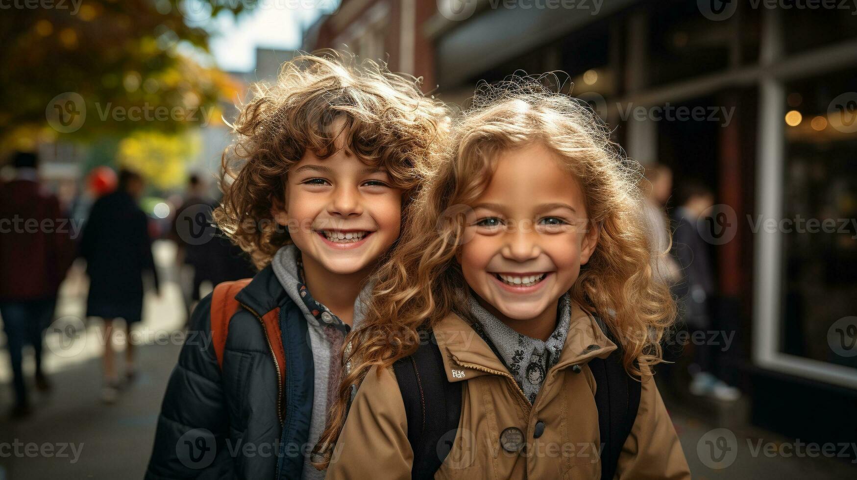 Happy and excited young children students walking on the campus of their school - Generative AI. photo