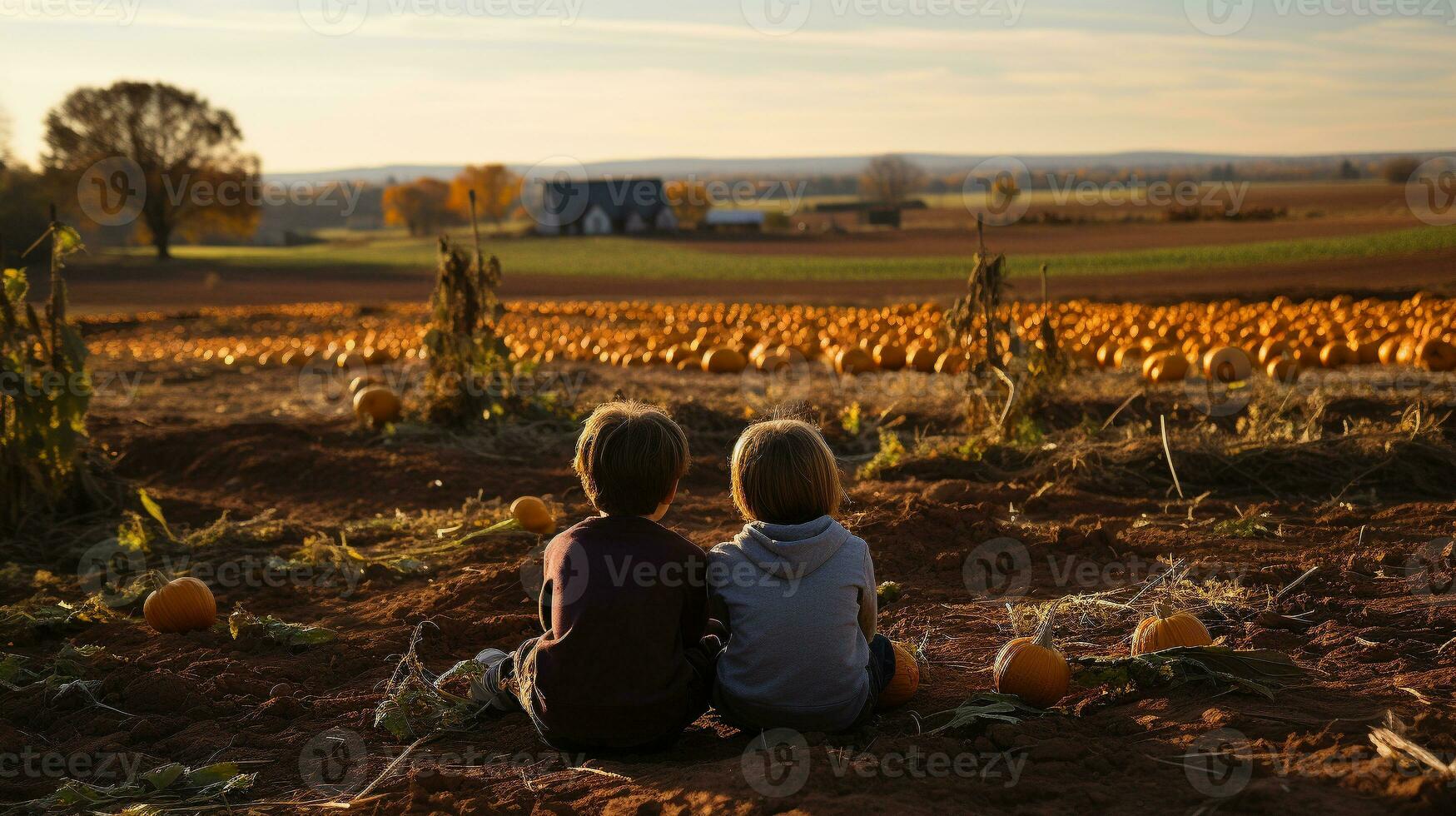 dos joven niños sentado en medio de el calabazas a el calabaza parche granja en un otoño día - generativo ai. foto