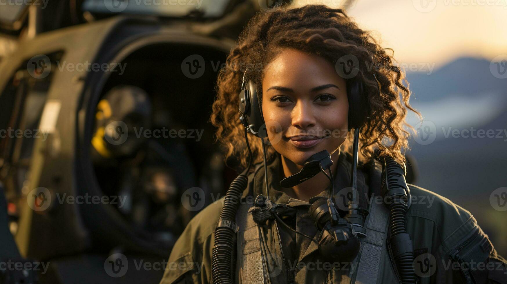 hembra africano americano militar helicóptero piloto en pie cerca su aeronave - generativo ai. foto