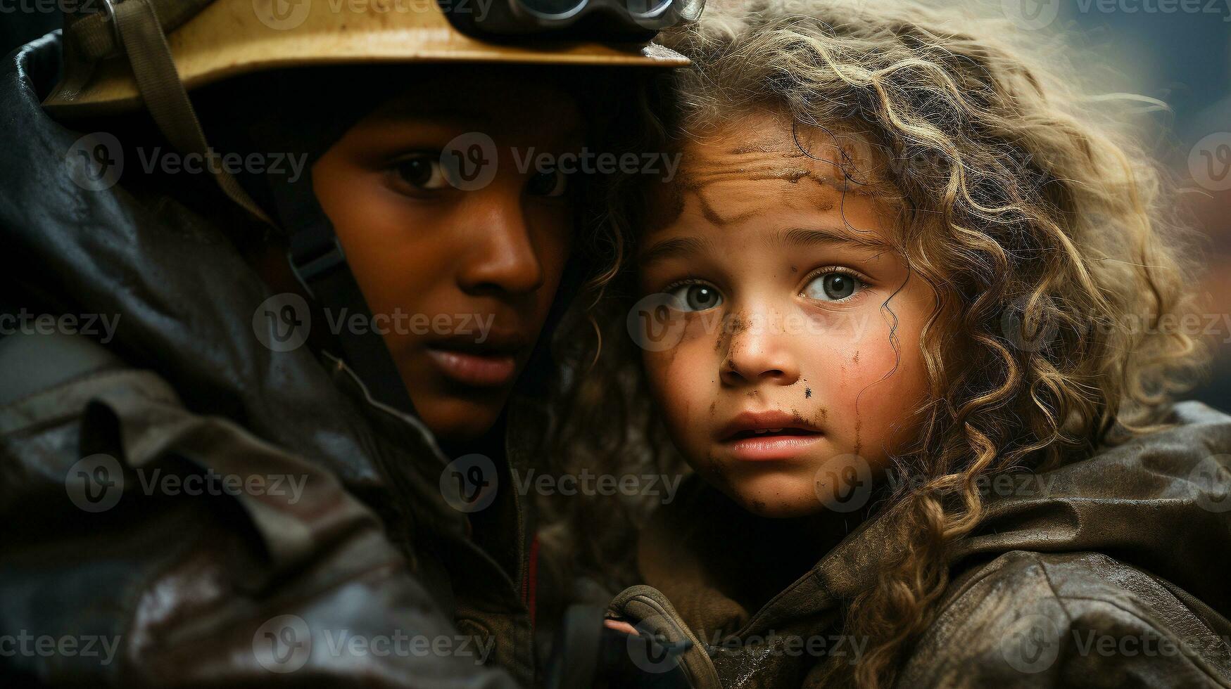 joven africano americano hembra bombero rescatar un joven niña - generativo ai. foto