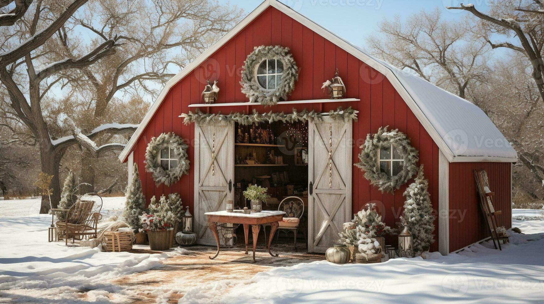 Red Barn, House or Shop Decorated for Christmas in a Beautiful Winter Snowy Scene. Generative AI. photo