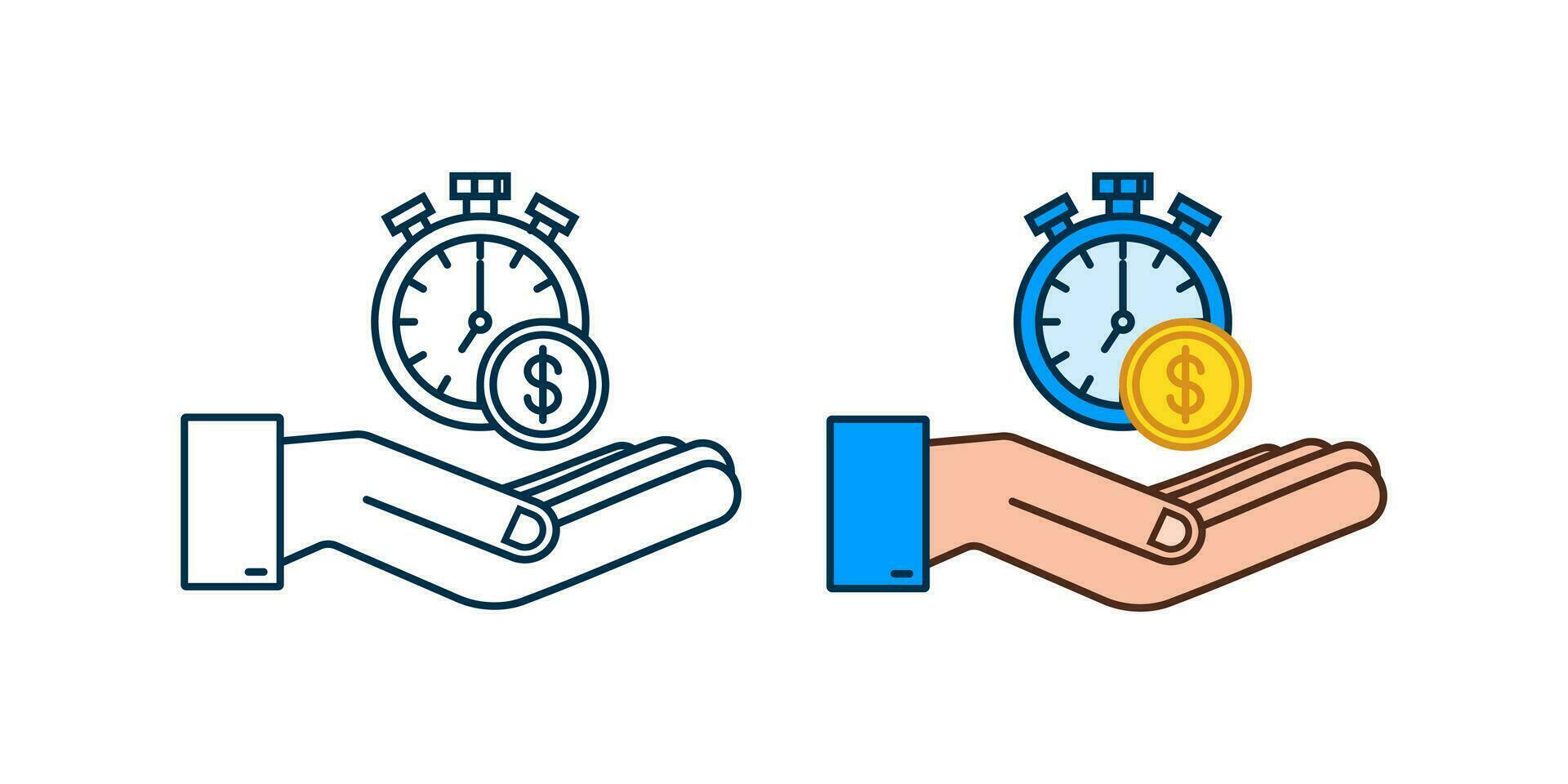 Time is money concept, clock and coin in hands, long term financial investment. Vector illustration