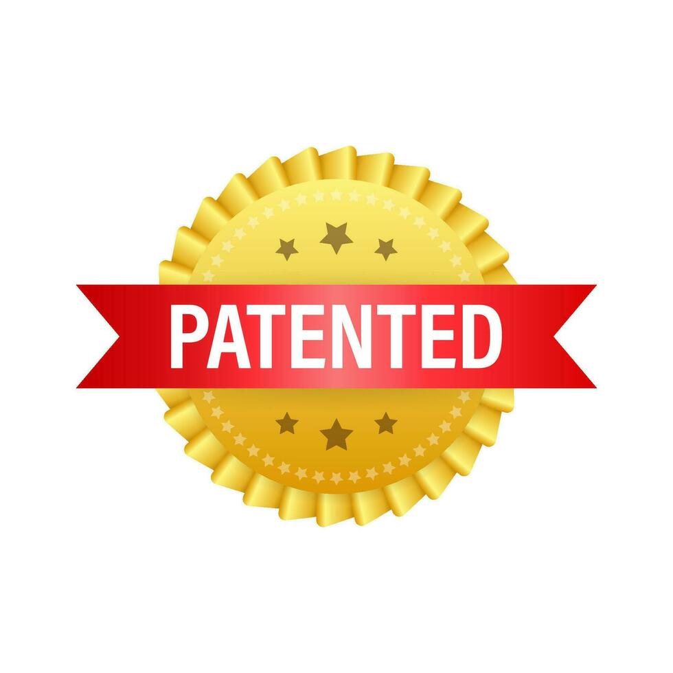Gold patented label on red ribbon on white background. Vector stock illustration