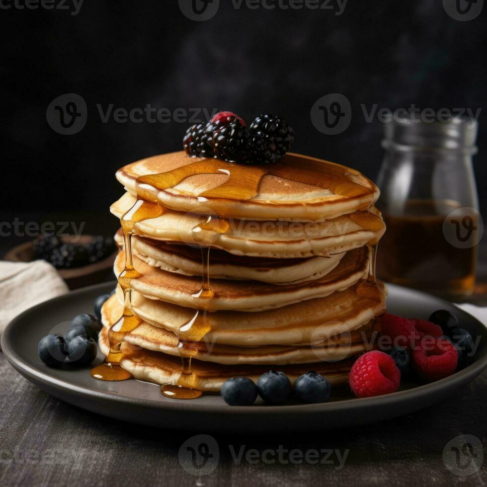 Close-up delicious pancakes, with fresh berries and maple syrup.  Sweet maple syrup flows from a stack of pancake Ai generated photo