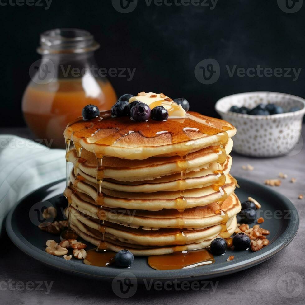Close-up delicious pancakes, with fresh berries and maple syrup.  Sweet maple syrup flows from a stack of pancake Ai generated photo