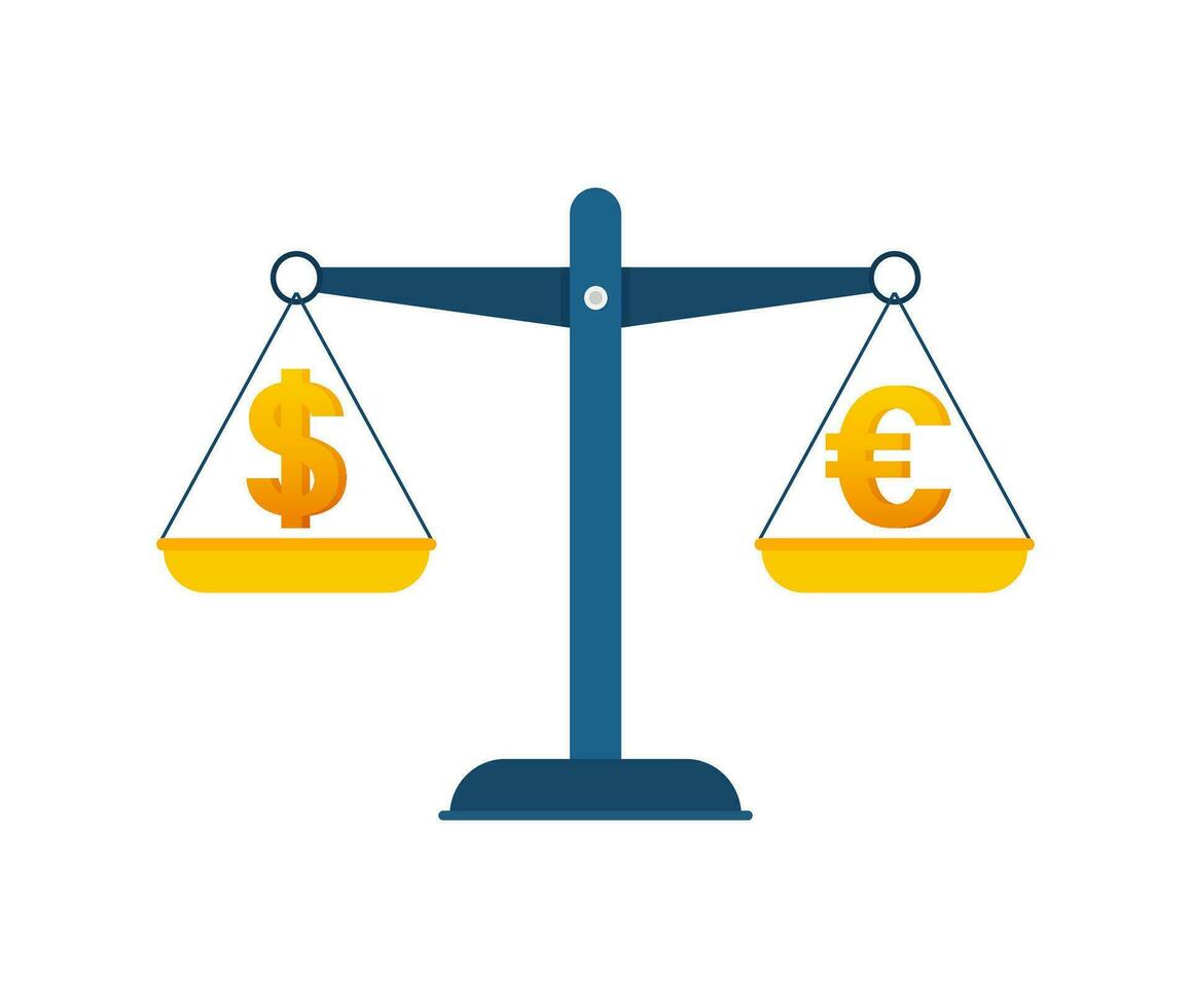 Dollar vs Euro on balance. Scales with money. Vector stock illustration