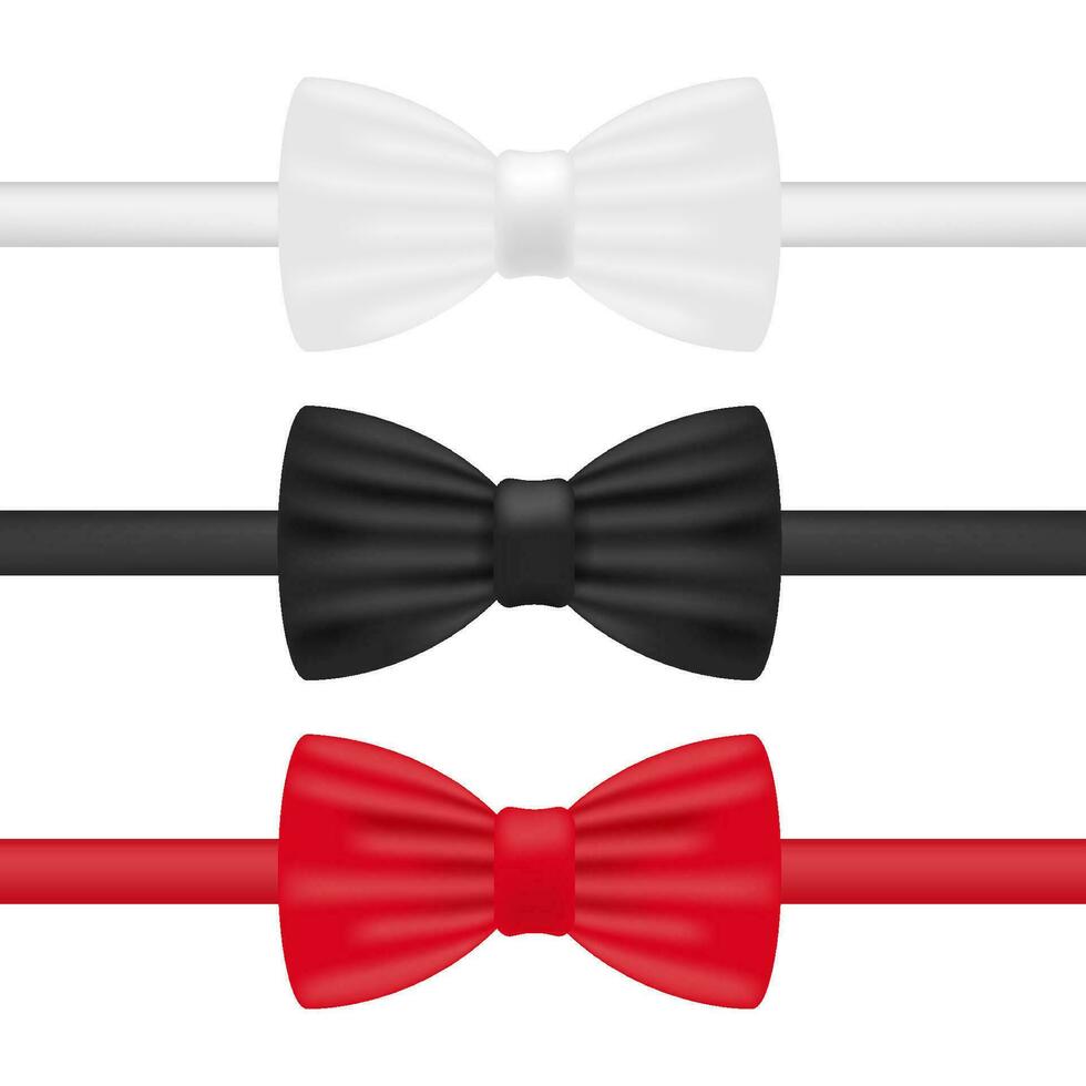 Bowtie. White, black and red bow tie realistic vector illustration isolated on white background.
