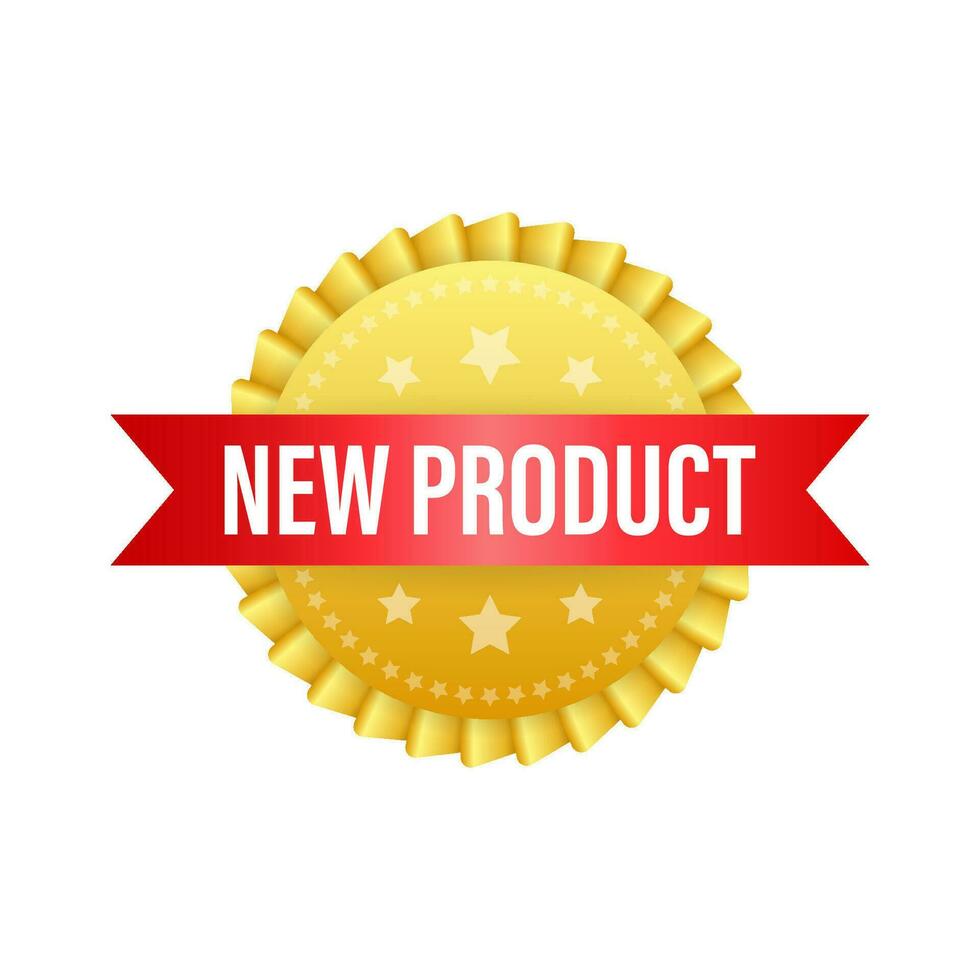 New product on gold label. Product promotion, sale. Banner sale. Vector stock illustration
