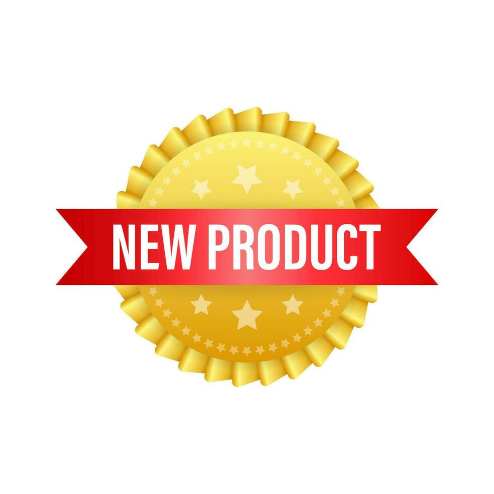 New product on gold label. Product promotion, sale. Banner sale. Vector stock illustration