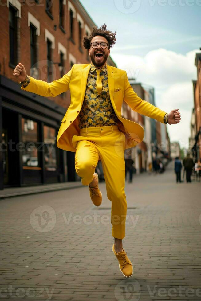 hombre con amarillo traje caminar alegre foto