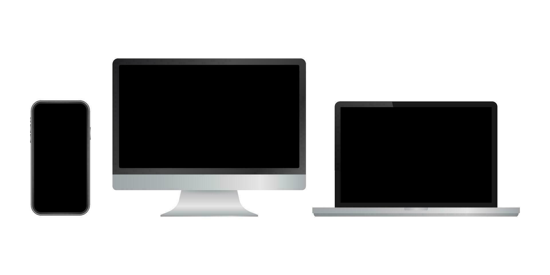 Realistic computer laptop smartphone and tablet. Monitor screen display template. Vector stock illustration