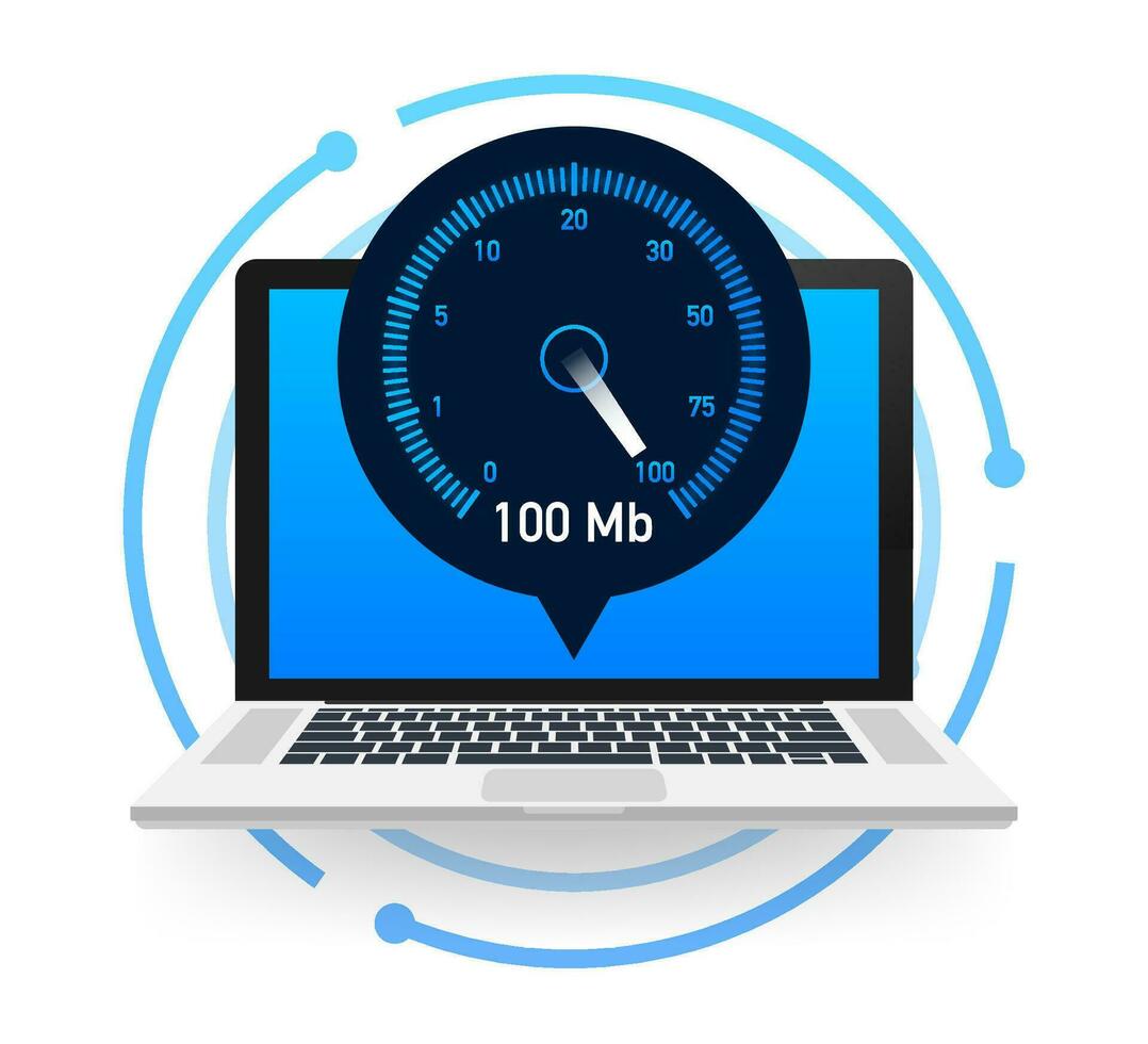 Speed test on laptop. Speedometer Internet Speed 100 mb. Website speed loading time. Vector illustration