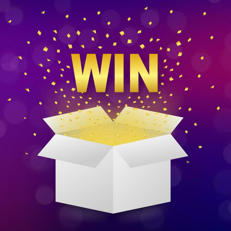 White win box on light background. Winner poster. Surprise present. Vector stock illustration